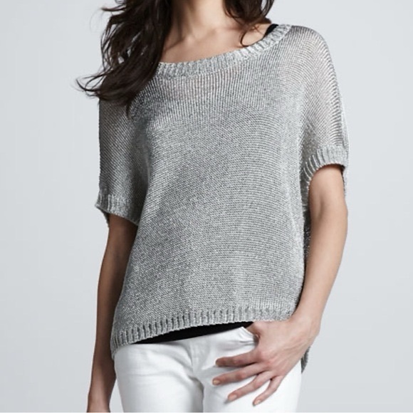 VINCE Metallic Silver Mesh Dolman Blouse Top Popover Short Sleeve Sweater (XS) - Picture 1 of 10
